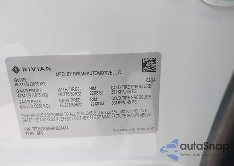 2024 Rivian R1S Adventure Quad Motor Large Pack z USA, uszkodzony, nr VIN 7PDSGABA4RN038484